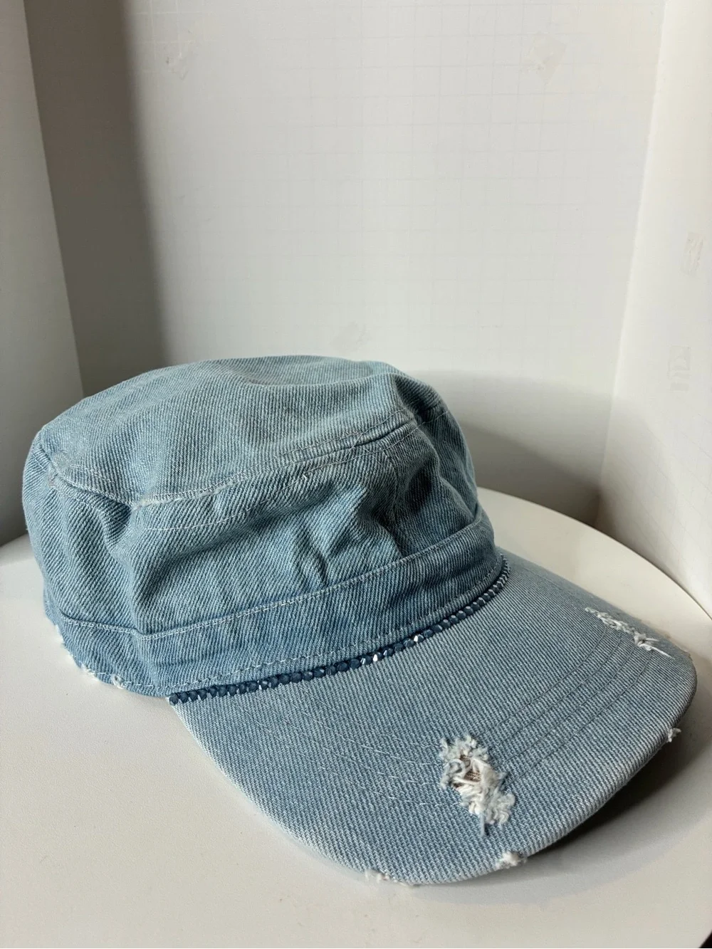 Denim Distressed Military Cap - Light Blue
